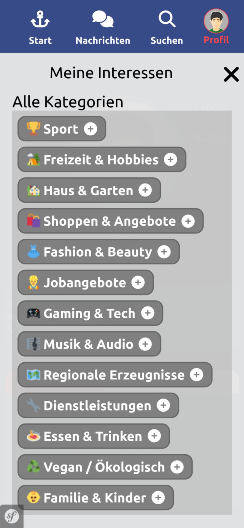 Deine Interessen angeben – personalisierte Werbung. Screenshot der App zur Auswahl der Nutzerinteressen.