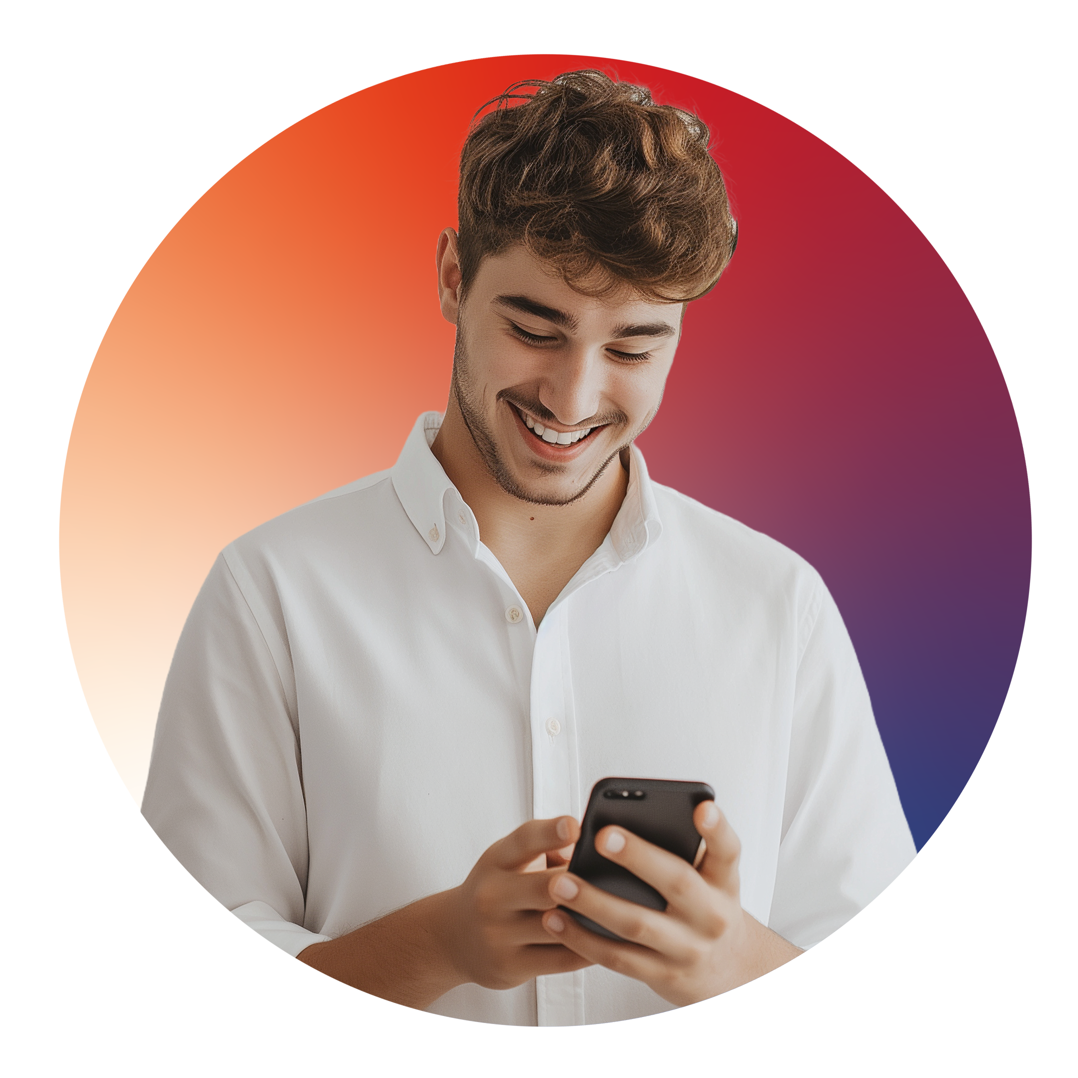 Lächelnder Mann mit Handy, Kreis im pink-weiß-blauen Farbverlauf.